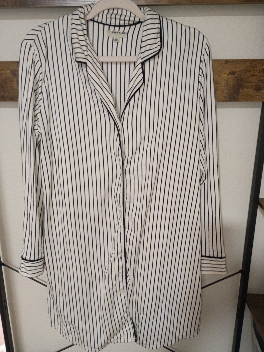 Anne Klein Black and White Vertical Stripe Sleep Shirt - Picture 2 of 6